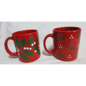 Lot Of 2 Waechtersbach W. Germany ~ Christmas Reindeer and Holly Coffee Mugs 4"